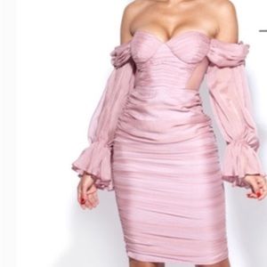 Miss Circle Sirene Blush Silk Pleated Off Shoulder Balloon Sleeves Dress